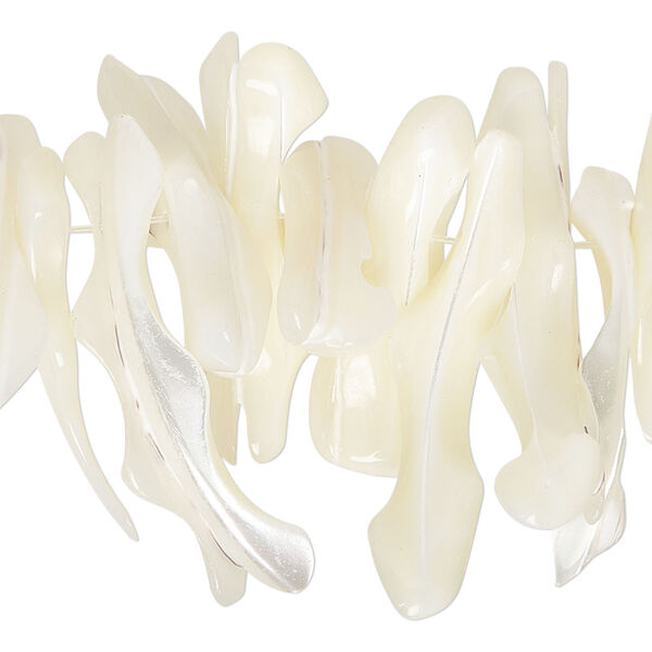 Bead, mother-of-pearl shell (bleached), white, 18x2mm-32x10mm hand-cut freeform frangia, Mohs hardness 3-1/2. Sold per 15-1/2" to 16" strand. image number 0
