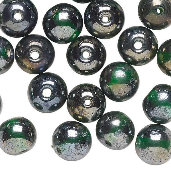 Bead, glass, opaque iris green, 10x9mm-11x10mm round. Sold per 2-ounce pkg, approximately 40 beads. image number 0