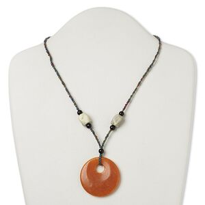 Multi-gemstone / glass / "pewter" (zinc-based alloy) 1pkg1, multi-iris silver finish / antique gold finish go-go necklace 17 inch / 2 inch dangle / lobster claw clasp 45mm