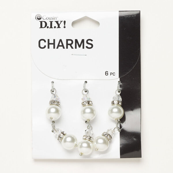 Drop, silver-finished "pewter" (zinc-based alloy) / glass / acrylic, clear and white, 17x10mm. Sold per pkg of 6. image number 0