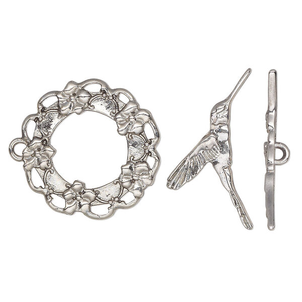 Clasp, toggle, antique silver-plated "pewter" (zinc-based alloy), 25mm wreath with flowers and hummingbird bar. Sold individually. image number 0