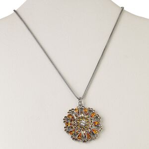 Necklace, antiqued silver-plated brass and crystal rhinestones, peach and amber, 43mm fancy round, 15" to 16" snake chain with 2-inch extender chain. Sold individually.