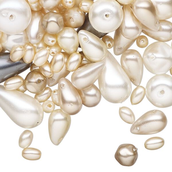 Bead mix, glass pearl, white/cream/black, 5x3mm-20x4mm rondelle. Sold per 2-ounce pkg, approximately 195 beads. image number 0