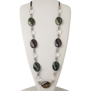 Necklace, acrylic / waxed cotton cord / silver-coated plastic / silver-finished steel, multicolored, flat oval, 38 inches with a 2-inch extender chain and lobster claw clasp. Sold individually.