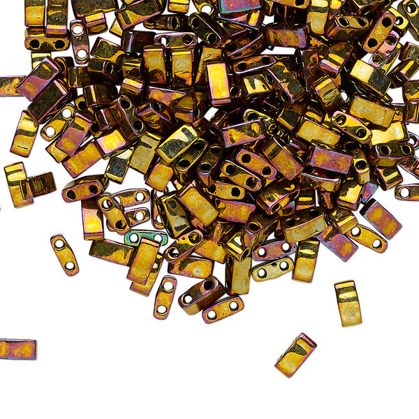 Seed bead, TILA®, glass, pkg/250g, 5x2.3mm half tila rectangle, opaque metallic rainbow golden, (HTL-462). image number 0