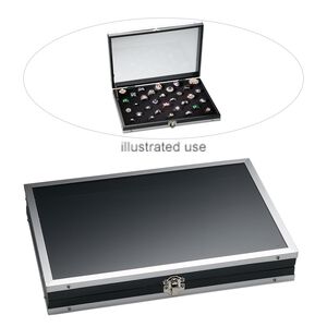 Display case, aluminum / acrylic / glass, black, 12 x 8 x 1-3/4 inches, for rings. Sold individually.
