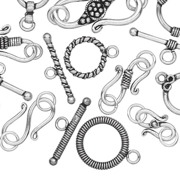 Clasp mix, S-hook and toggle, antique silver-plated copper, 19x14mm-52x44mm. Sold per pkg of 20. image number 0