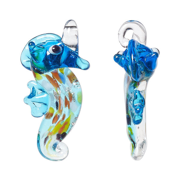 Focal, lampworked glass, blue and multicolored, 30x17mm single-sided seahorse. Sold individually. image number 0