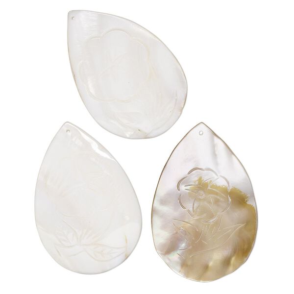 Focal, mother-of-pearl shell (natural), 52x32mm-62x42mm teardrop with carved flower design, Mohs hardness 3-1/2. Sold per pkg of 3. image number 0