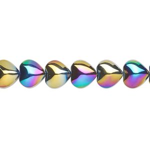 Bead, pressed glass, opaque iris multicolored, 8mm heart. Sold per 15-1/2" to 16" strand.