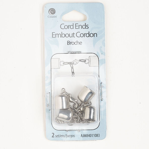 Clasp, lobster claw, silver-finished steel, 47x10mm round with 2-1/2 inch extender chain and glue-in cord ends, 9mm inner diameter. Sold per pkg of 2. image number 0