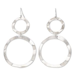 Earring, imitation rhodium-finished brass and steel, 3-1/2 inches with brushed circles and fishhook ear wire. Sold per pair.