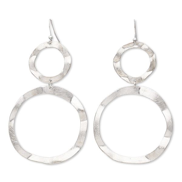 Earring, imitation rhodium-finished brass and steel, 3-1/2 inches with brushed circles and fishhook ear wire. Sold per pair. image number 0