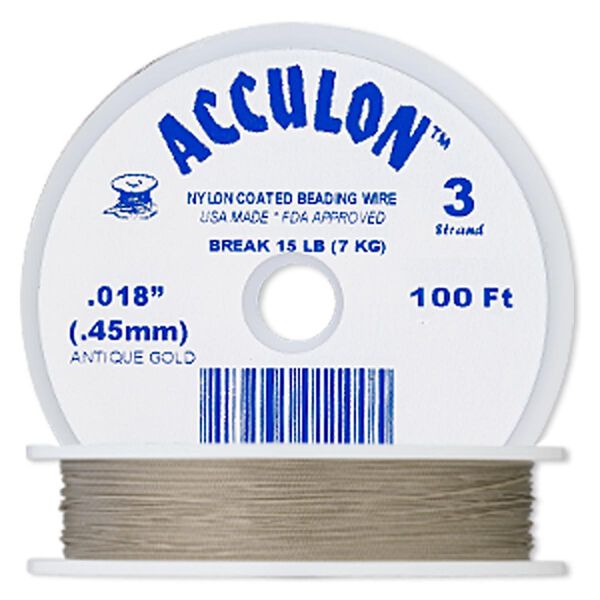 Beading wire, Acculon®, nylon-coated stainless steel, gold color, 3 strand, 0.018-inch diameter. Sold per 100-foot spool. image number 0