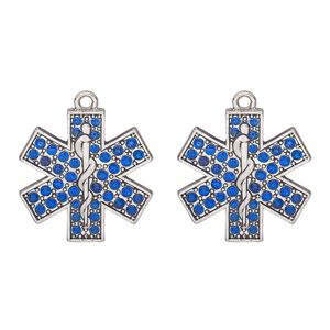 Charm, antique silver-finished "pewter" (zinc alloy) and glass, blue, 24x23mm single-sided Star of Life. Sold per pkg of 2.