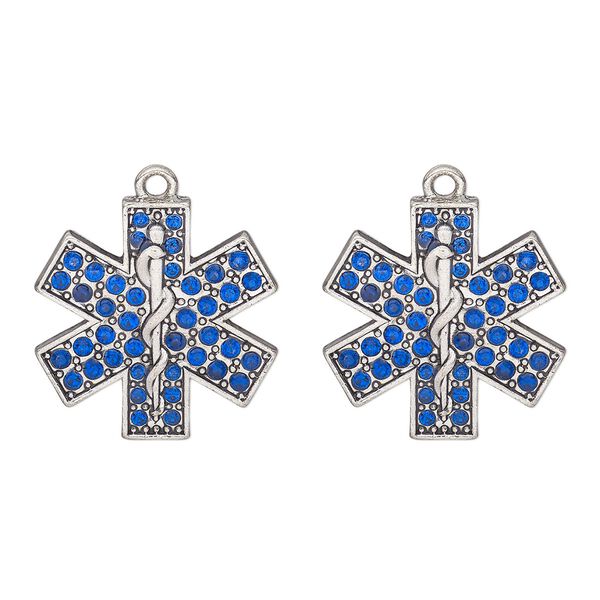 Charm, antique silver-finished "pewter" (zinc alloy) and glass, blue, 24x23mm single-sided Star of Life. Sold per pkg of 2. image number 0