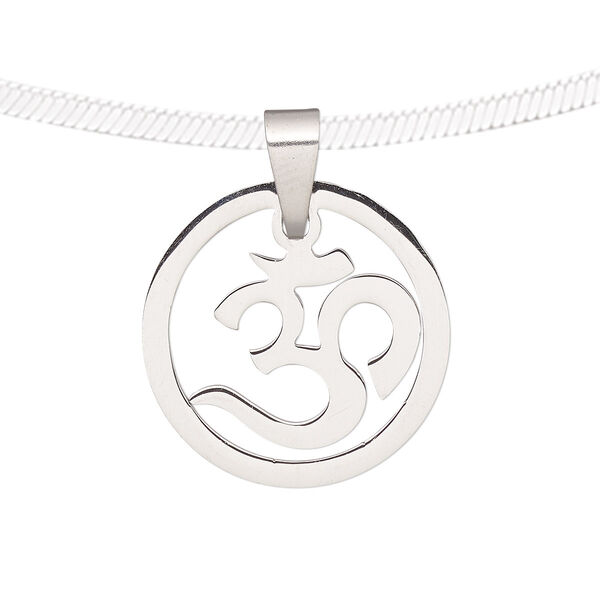 Pendant, stainless steel, 19mm matte and shiny round with Om symbol. Sold individually. image number 0