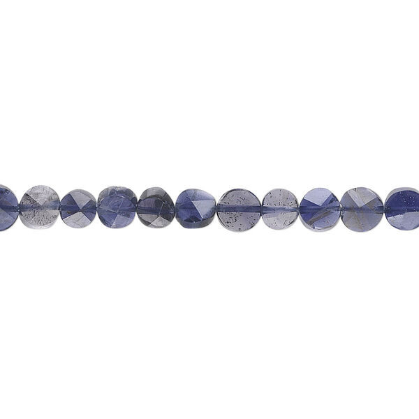 Bead, iolite (dyed), 5mm hand-cut faceted flat round, B grade, Mohs hardness 7 to 7-1/2. Sold per 15-1/2" to 16" strand. image number 0