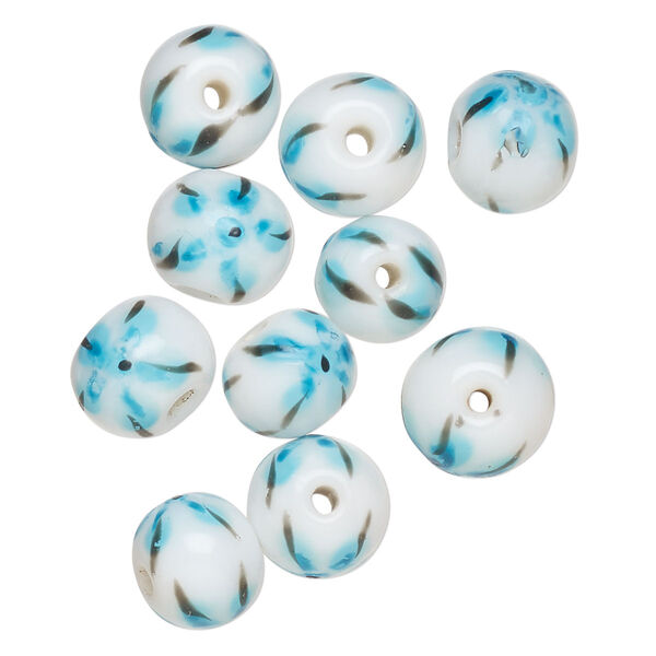 Bead, lampworked glass, opaque white / black / sky blue, 9-11mm round. Sold per pkg of 10. image number 0