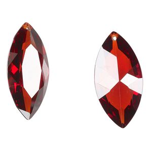 Drop, glass, pkg/2, 28x14mm top-drilled faceted marquise, translucent red.