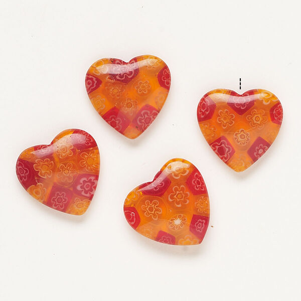 Bead, millefiori glass, translucent dark orange and multicolored, 18-20mm half-drilled puffed heart. Sold per pkg of 4. image number 0