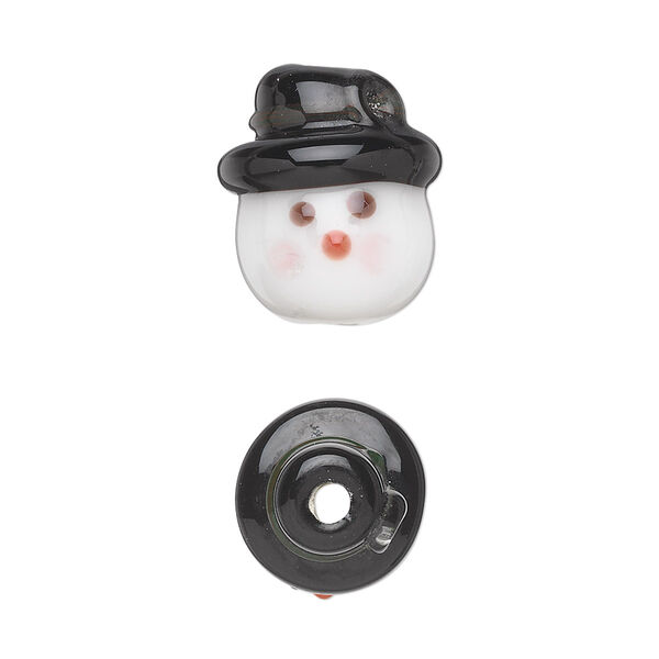 Bead, lampworked glass, opaque white and black, 17x15mm 3D snowman head. Sold per pkg of 4. image number 0
