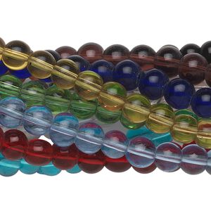 Bead, glass, assorted transparent colors, 6mm round. Sold per pkg of (10) 15-1/2" to 16" strands.
