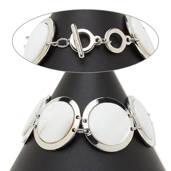 Bracelet, freshwater pearl shell (bleached) / silver-coated plastic / silver-plated steel / "pewter" (zinc-based alloy), white, 28mm flat round, 7 inches with toggle clasp. Sold individually. image number 0