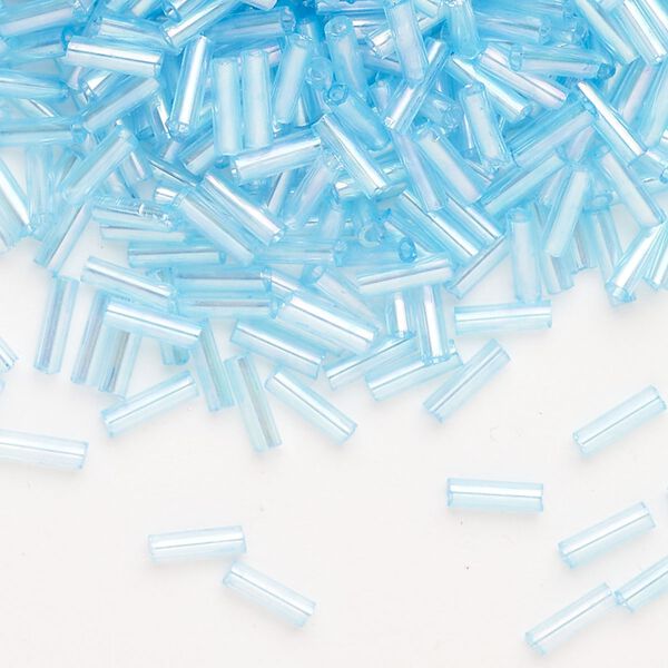 Bead, Ming Tree™, bugle bead, glass, pkg/1/4 pound, 1/4 inch, rainbow transparent aqua. image number 0