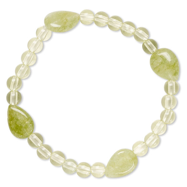 Bracelet, stretch, quartz (dyed) and acrylic, green and light yellow-green, 5mm round and 14x10mm-15x11mm flat teardrop, 6-1/2 inches. Sold individually. image number 0