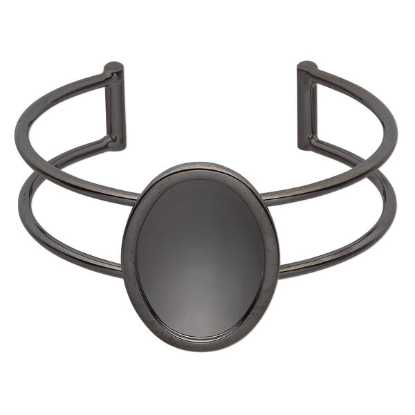 Bracelet, Almost Instant Jewelry®, cuff, gunmetal-plated brass and "pewter" (zinc-based alloy), 65x35mm with 30x22mm oval setting, adjustable. Sold individually. image number 0
