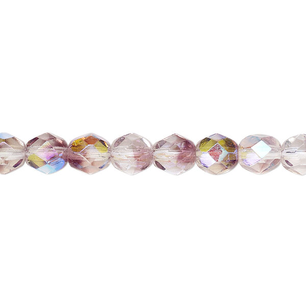Bead, Czech fire-polished glass, two-tone, crystal/amethyst purple AB, 6mm faceted round. Sold per 15-1/2" to 16" strand. image number 0