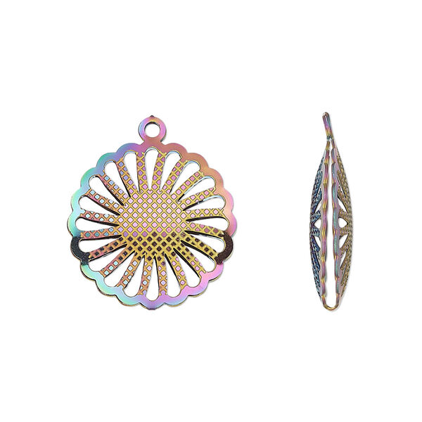 Drop, electro-coated stainless steel, rainbow, 18mm double-sided domed round with textured cut-out sun design. Sold per pkg of 6. image number 0