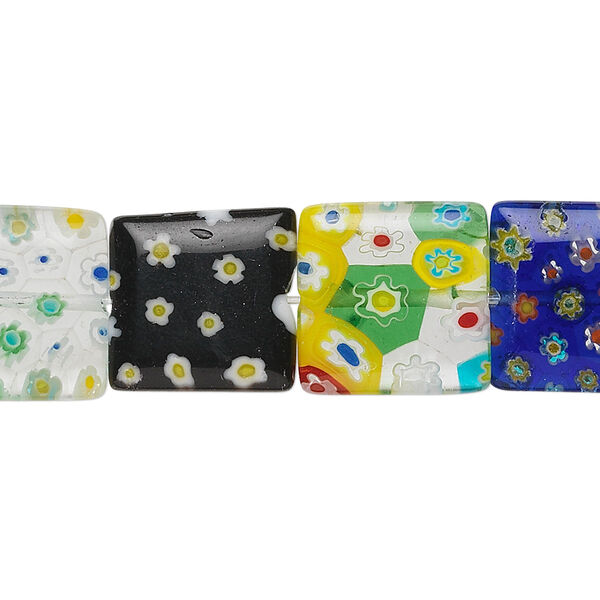 Bead, millefiori glass, multicolored, 14mm flat square. Sold per 15-1/2" to 16" strand. image number 0