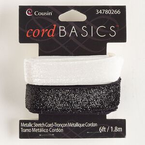 Cord, elastic, black and white sparkle, 16mm flat. Sold per pkg of (2) 3-foot sections.