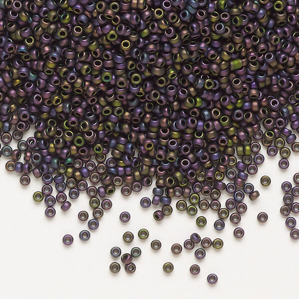 Seed bead, Miyuki, glass, pkg/250g, #15 rocaille, opaque matte metallic iris magenta green (RR-2062). image number 0