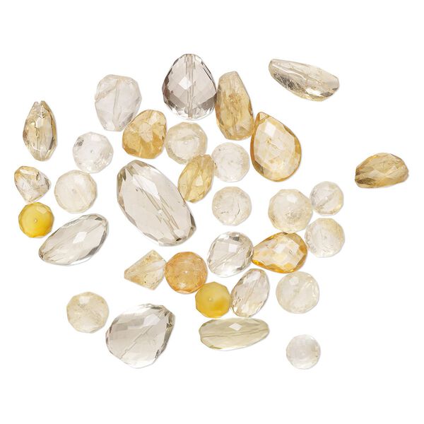 Bead mix, brandy citrine and citrine (dyed / heated), light to medium, 10x5mm-28x17mm hand-cut top- and centered-drilled faceted mixed shapes with 0.4-1.4mm hole, C grade, Mohs hardness 7. Sold per 2-ounce pkg, approximately 25-35 beads. image number 0