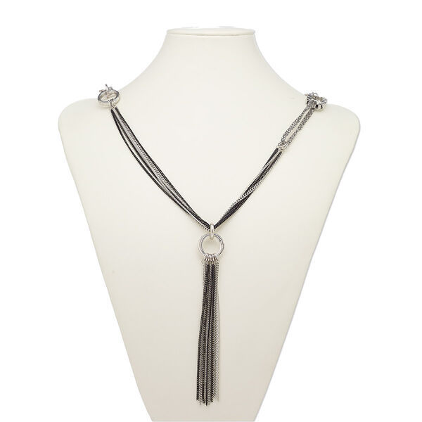 Necklace, multi-strand, silver-plated steel / brass / gold-finished steel / antique silver-plated "pewter" (zinc-based alloy), white and black, 5-inch dangle with fringed chain, 36 inches with 2-inch extender chain and lobster claw clasp. Sold individually. image number 0