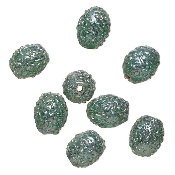 Bead, lampworked glass, translucent green AB, 15x12mm textured oval. Sold per pkg of 8. image number 0