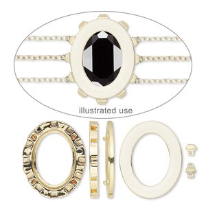 Mount, Miracle Mount™, enamel and gold-finished "pewter" (zinc-based alloy), white, 39x32mm oval with 30x22mm oval setting. Sold per 18-piece set.