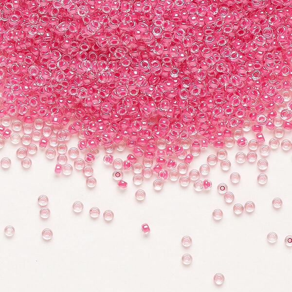 Seed bead, Miyuki, glass, pkg/250g, #15 rocaille, translucent carnation pink-lined luster crystal clear (RR-208). image number 0