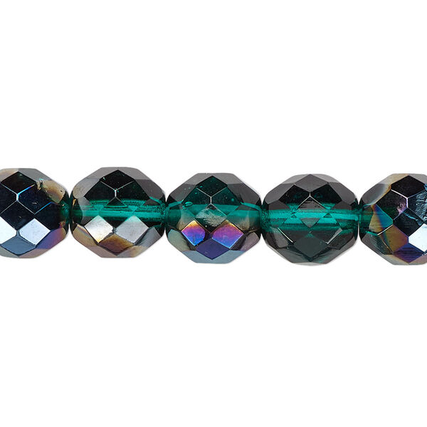 Bead, Czech fire-polished glass, green blue iris, 10mm faceted round. Sold per 15-1/2" to 16" strand. image number 0