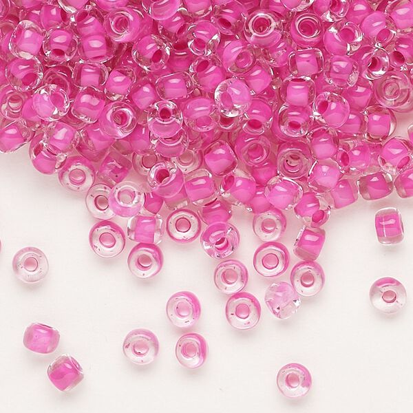 Seed bead, Dyna-Mites™, glass, translucent inside color hot pink, #6 round. Sold per 40-gram pkg. image number 0