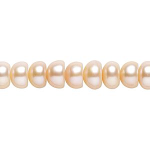 Pearl, cultured freshwater, peach, 7x4mm-9x6mm button with 0.4mm hole, C grade, Mohs hardness 2-1/2 to 4. Sold per 14-inch strand.