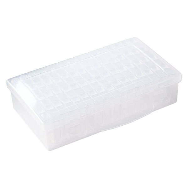 Organizer, acrylic, clear and white, 9 x 6-1/4 x 2 inches with (64) 45x25x11mm rectangle boxes and snap top. Sold per 65-piece set. image number 1