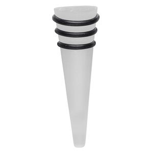 Wine bottle stopper, lampworked glass, frosted, 2-1/2x3/4 inch with three rubber rings. Sold individually.