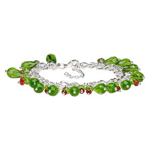 Bracelet, glass with silver-finished steel and "pewter" (zinc-based alloy), green and red, 27mm wide, 7 inches with 2-inch extender chain and lobster claw clasp. Sold individually.