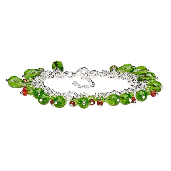 Bracelet, glass with silver-finished steel and "pewter" (zinc-based alloy), green and red, 27mm wide, 7 inches with 2-inch extender chain and lobster claw clasp. Sold individually. image number 0