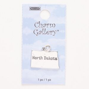 Charm, steel and enamel, pkg/1, silver finish and black, 23x14mm with "North Dakota."