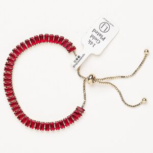 Bracelet, adjustable, brass / glass / silicone, pkg/1, 6 to 10 inches, gold plate and garnet.